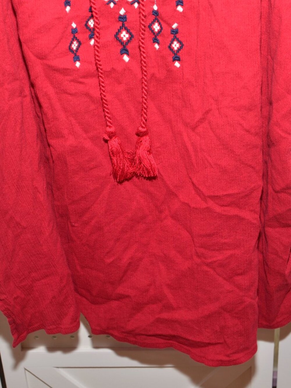 Plus Size 5X Catherines Cotton Red Peasant Style Blouse - Embroidery & Tassels - Picture 4 of 8